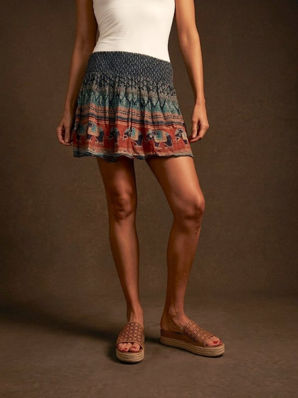 hinge Tiered Elephant Print Mini Skirt - Navy & Rust & Teal